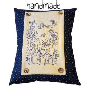 Handmade Embroidered Antique Vintage Primitive Wildflower Country Cottage Pillow